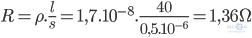 R=\rho.\frac{l}{s}=1,7.10^{-8}.\frac{40}{0,5.10^{-6}}=1,36\Omega